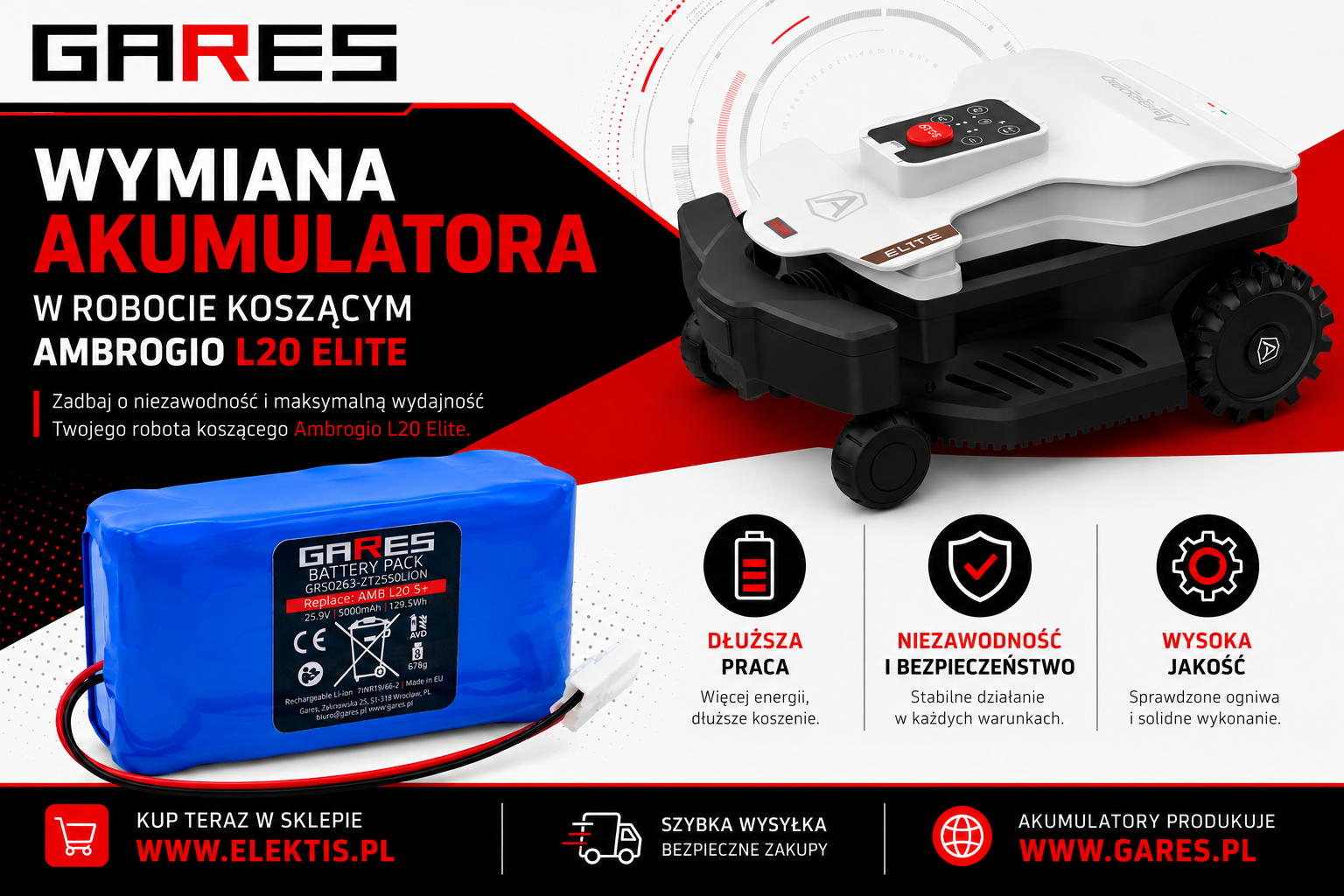 Wymiana akumulatora Ambrogio L20 S+ L60 Elite S+ Wiper Q350